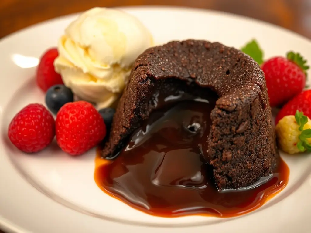 A decadent chocolate lava cake with a molten center, served with a scoop of vanilla ice cream and fresh berries. The warm cake contrasts with the cold ice cream, creating a delightful sensory experience.