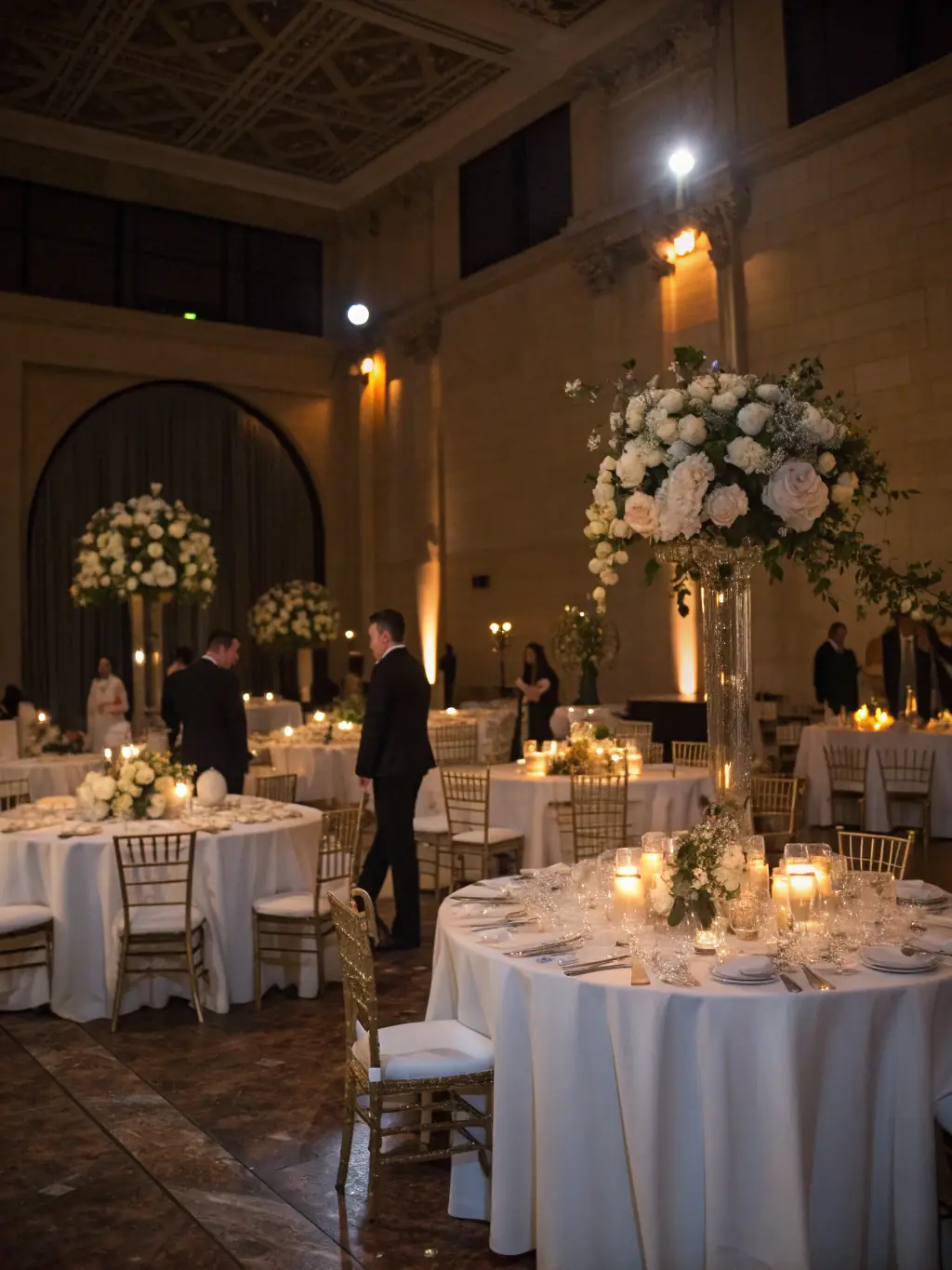 A brightly lit photograph of a beautifully decorated banquet hall, set up for a wedding reception, showcasing elegant table settings and floral arrangements, representing localtest2321's event organization service.