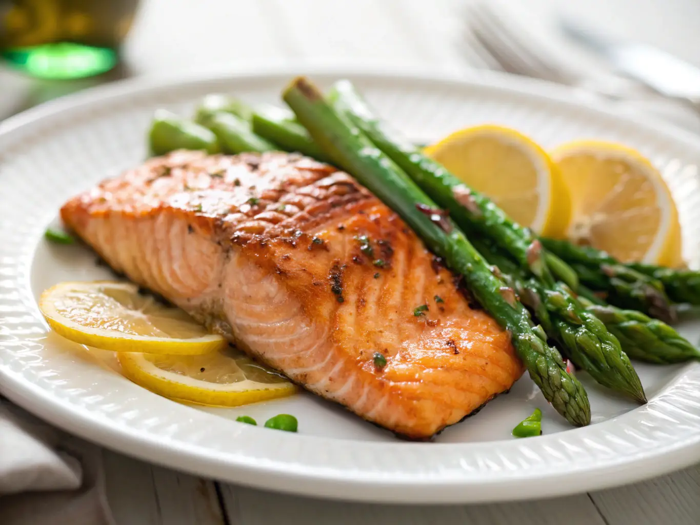 A beautifully plated main course featuring grilled salmon with roasted vegetables and a creamy sauce, highlighting the restaurant's commitment to fresh, high-quality ingredients and elegant presentation.