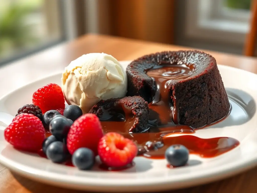 A decadent chocolate lava cake with a molten center, served with a scoop of vanilla ice cream and fresh berries, capturing the irresistible sweetness and indulgence of localtest2321's dessert offerings.