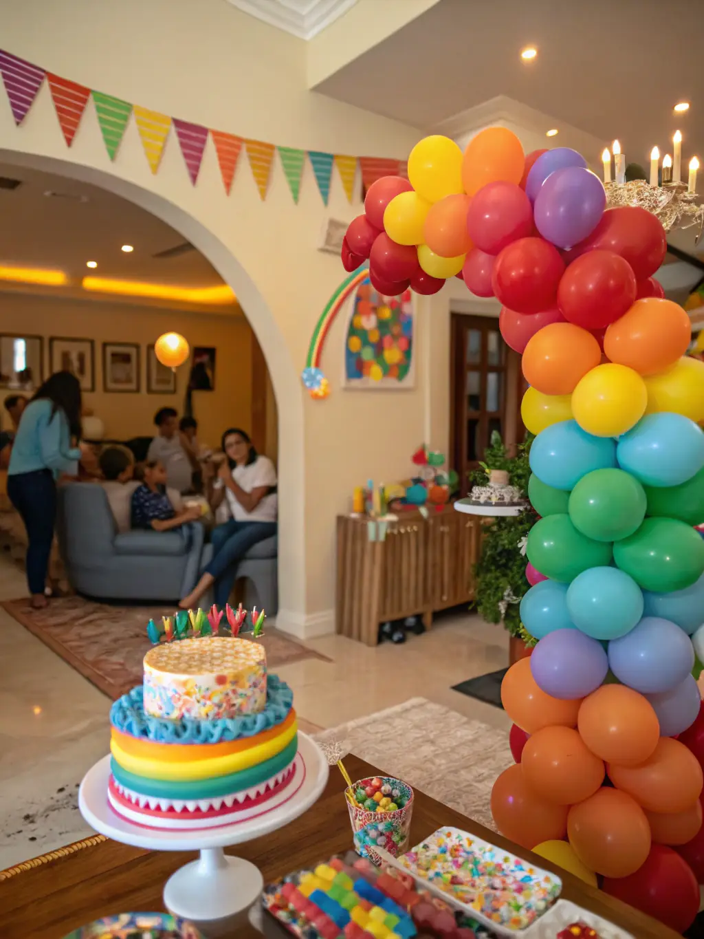 A vibrant image of a birthday party setup at localtest2321, with balloons, a cake, and happy children, capturing the joyful and celebratory atmosphere of a birthday event.