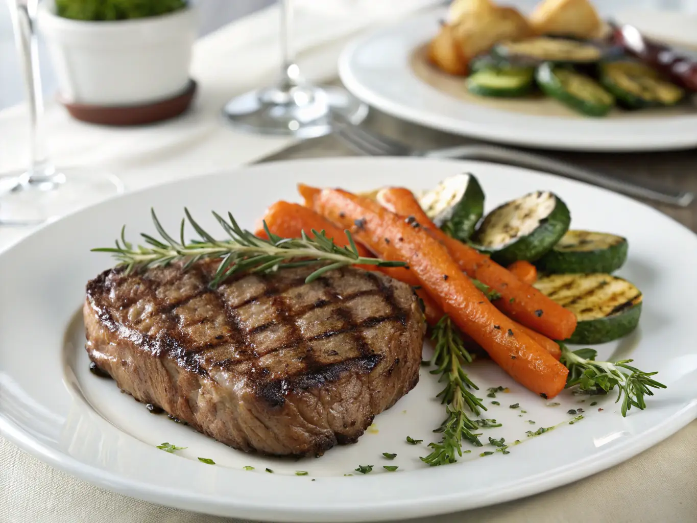 A close-up shot of a perfectly cooked steak, seasoned with herbs and spices, resting on a wooden cutting board with a side of roasted vegetables. The lighting highlights the textures and colors of the dish, emphasizing its freshness and quality.