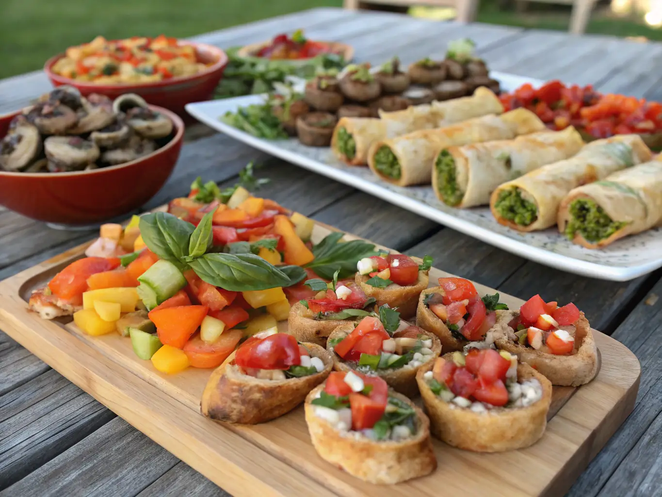 A vibrant and colorful plate of assorted appetizers, including bruschetta, spring rolls, and mini quiches, arranged artfully on a wooden board, showcasing the variety and freshness of localtest2321's appetizer selection.